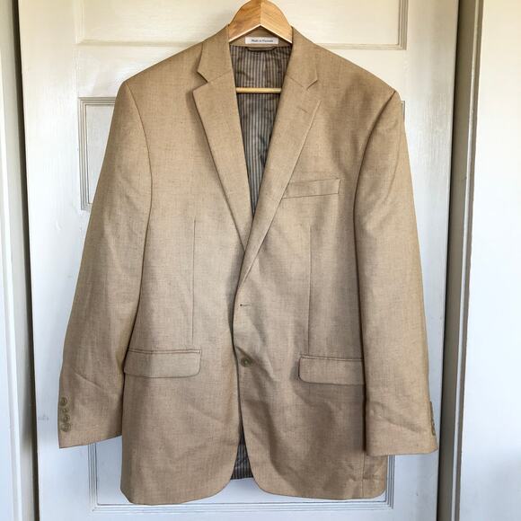 Chaps Linen Blend Blazer Tan Herringbone Sport Coat Jacket Size 42L Preppy - Picture 1 of 12